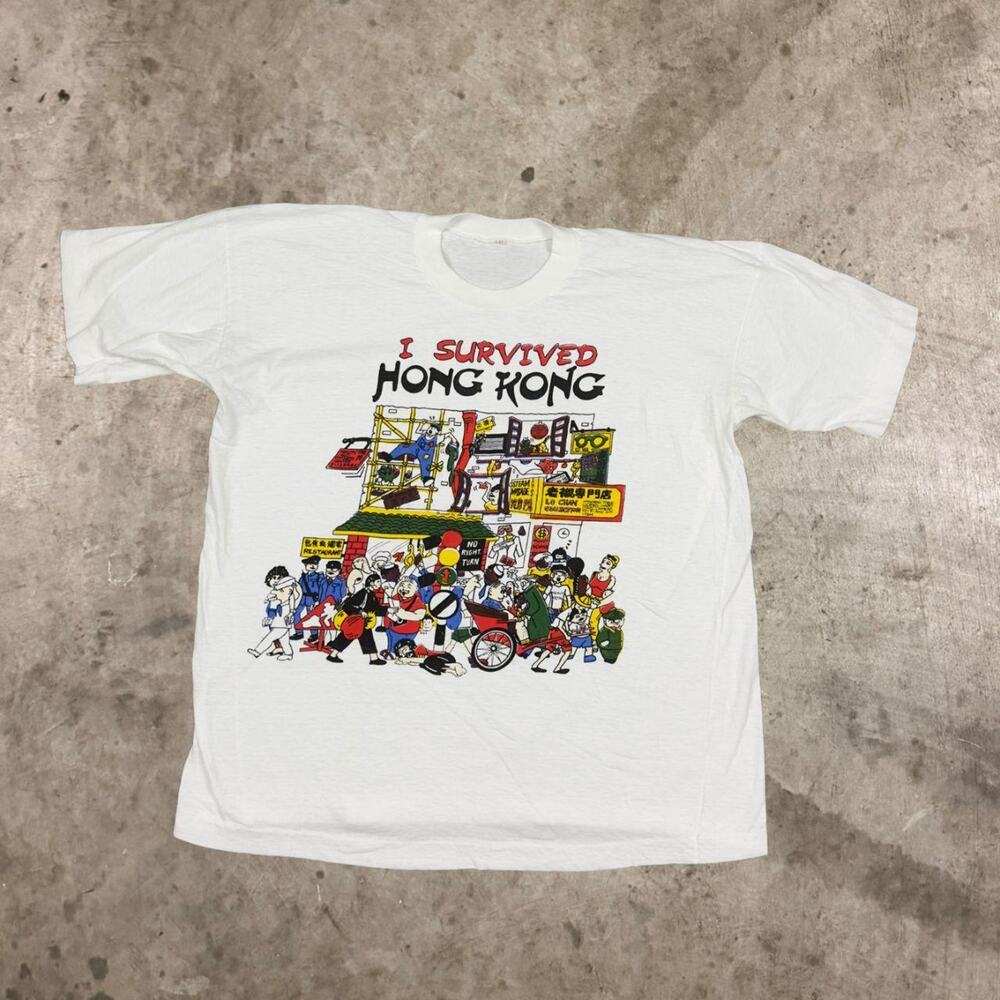 Vintage 80s I Survived Hong Kong Tourist Souvenir Tee T-Shirt White Mens Size M
